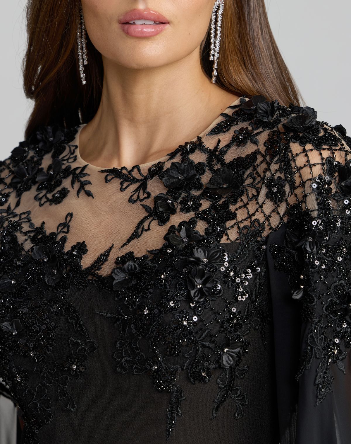 Black Floral Embellished Crepe Gown With Chiffon Cape - Designer Collection