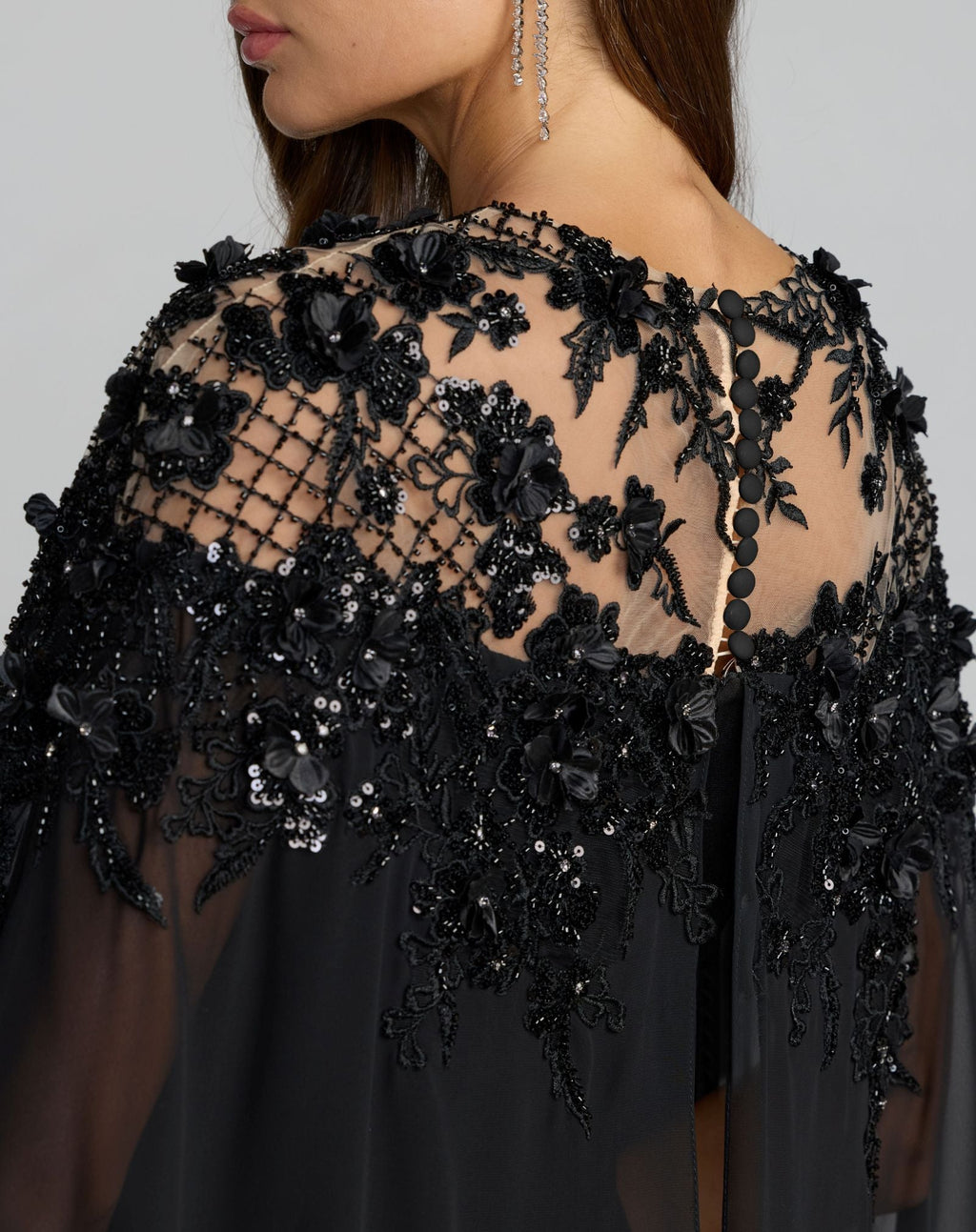 Black Floral Embellished Crepe Gown With Chiffon Cape - Designer Collection