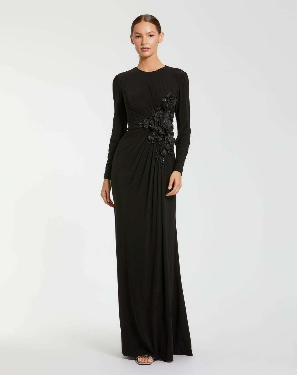 Long Sleeve High Neck Floral Beaded Jersey Gown - Designer Collection