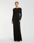 Long Sleeve High Neck Floral Beaded Jersey Gown - Designer Collection