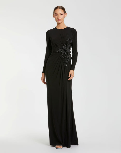 Long Sleeve High Neck Floral Beaded Jersey Gown - Designer Collection