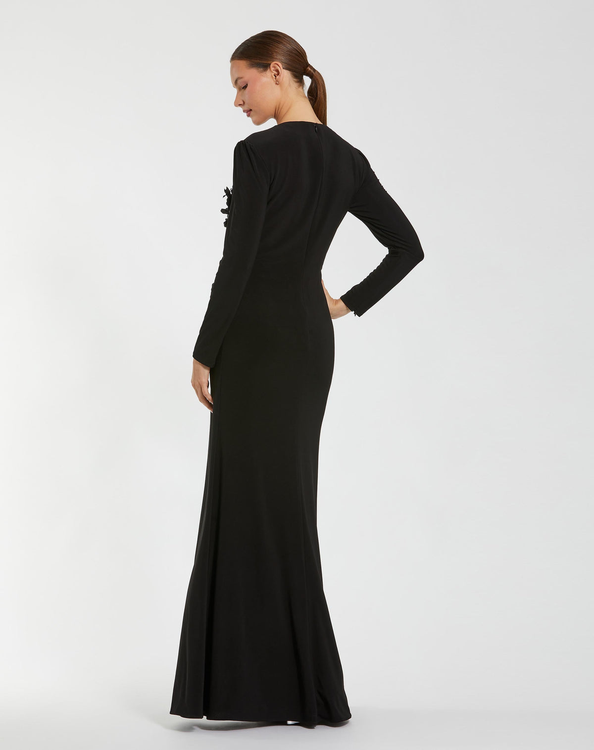 Long Sleeve High Neck Floral Beaded Jersey Gown - Designer Collection
