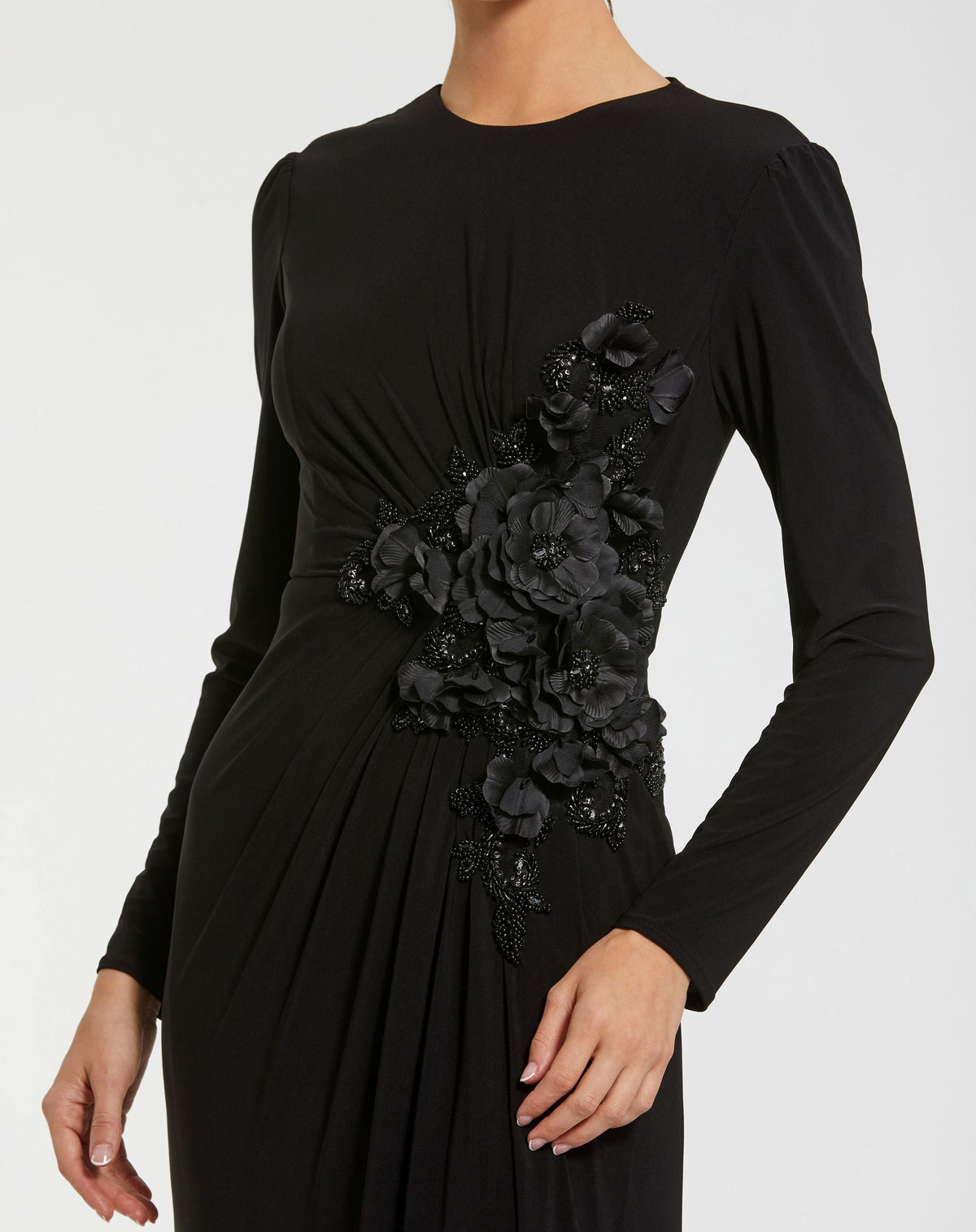 Long Sleeve High Neck Floral Beaded Jersey Gown - Designer Collection