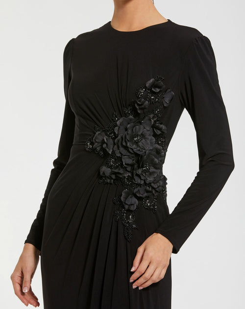 Long Sleeve High Neck Floral Beaded Jersey Gown - Designer Collection