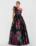 Black One Shoulder Floral Brocade Ball Gown - Designer Collection