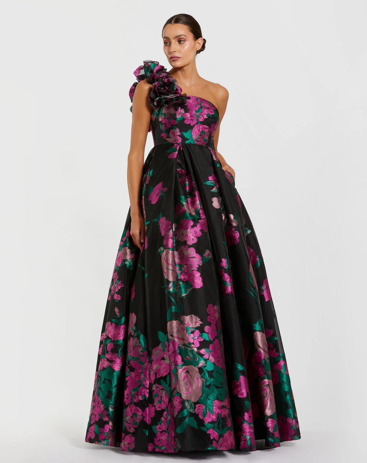 Black One Shoulder Floral Brocade Ball Gown - Designer Collection