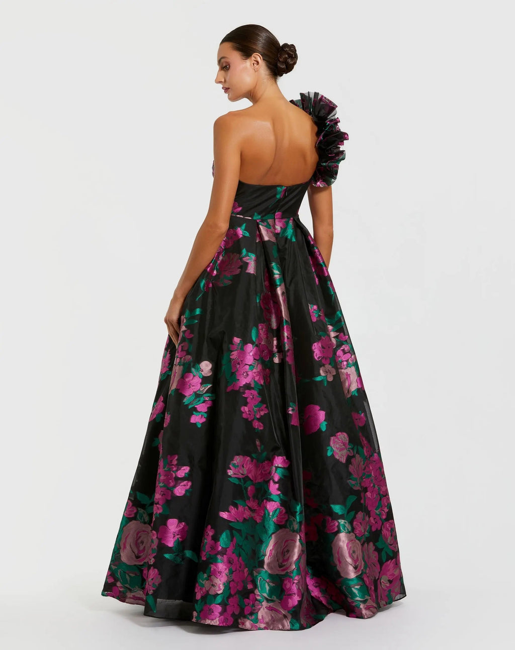 Black One Shoulder Floral Brocade Ball Gown - Designer Collection