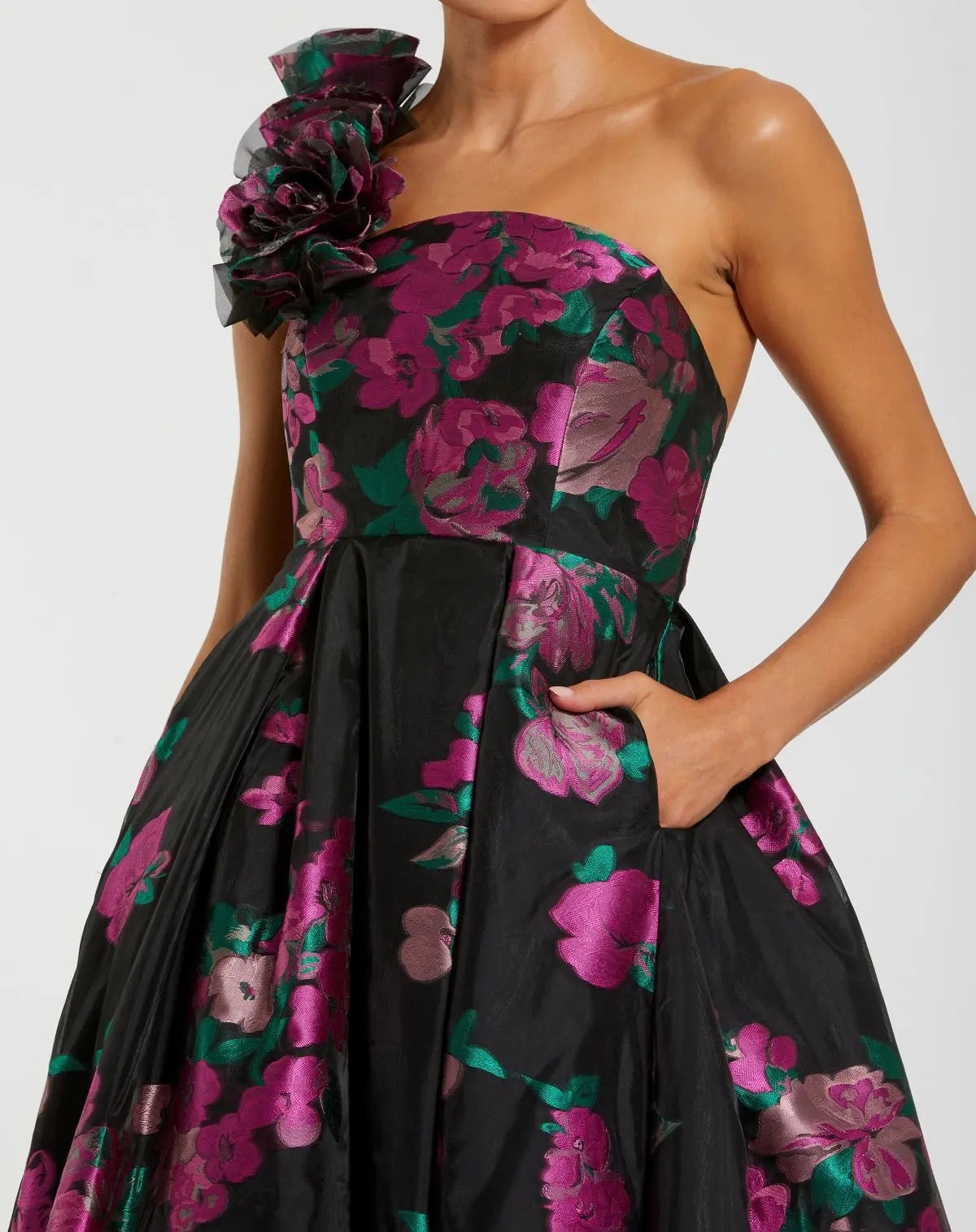 Black One Shoulder Floral Brocade Ball Gown - Designer Collection