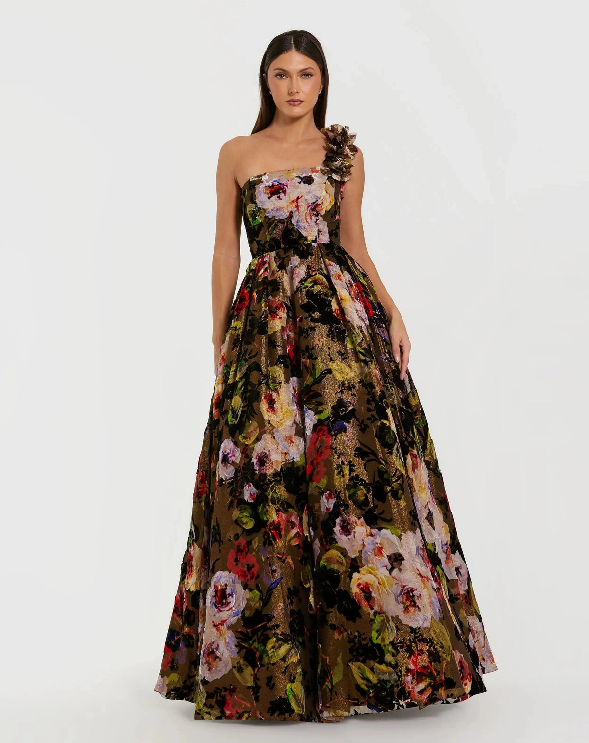 Multicolor One Shoulder Floral Velvet Ball Gown - Designer Collection