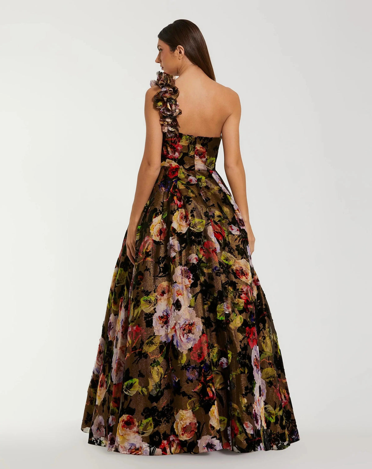 Multicolor One Shoulder Floral Velvet Ball Gown - Designer Collection