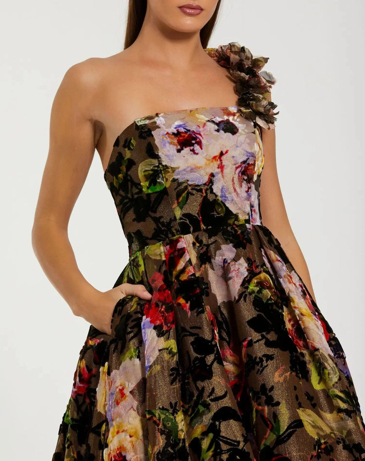 Multicolor One Shoulder Floral Velvet Ball Gown - Designer Collection