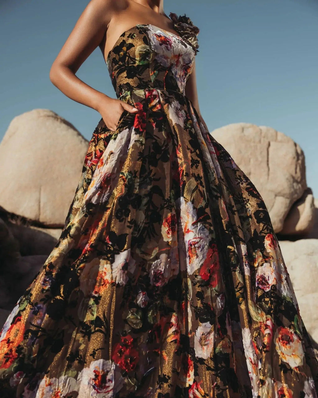 Multicolor One Shoulder Floral Velvet Ball Gown - Designer Collection