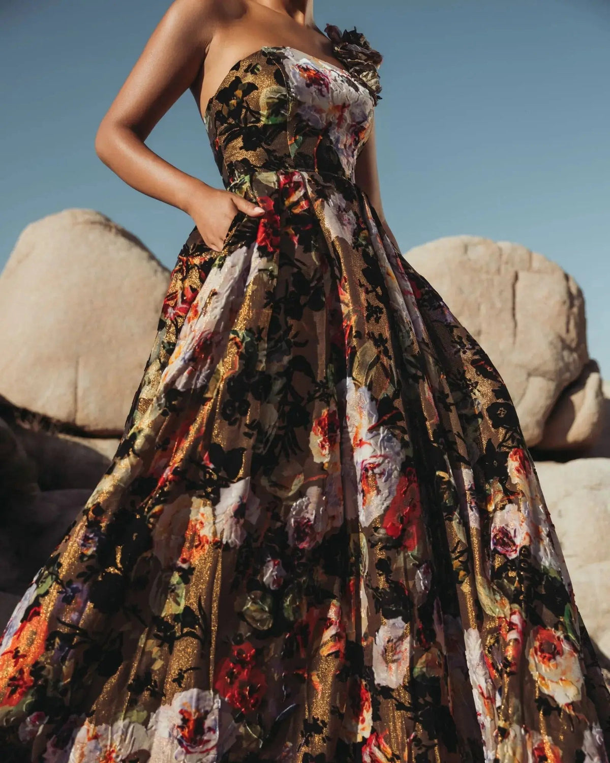 Multicolor One Shoulder Floral Velvet Ball Gown - Designer Collection