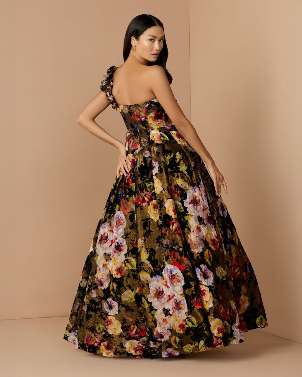 Multicolor One Shoulder Floral Velvet Ball Gown - Designer Collection
