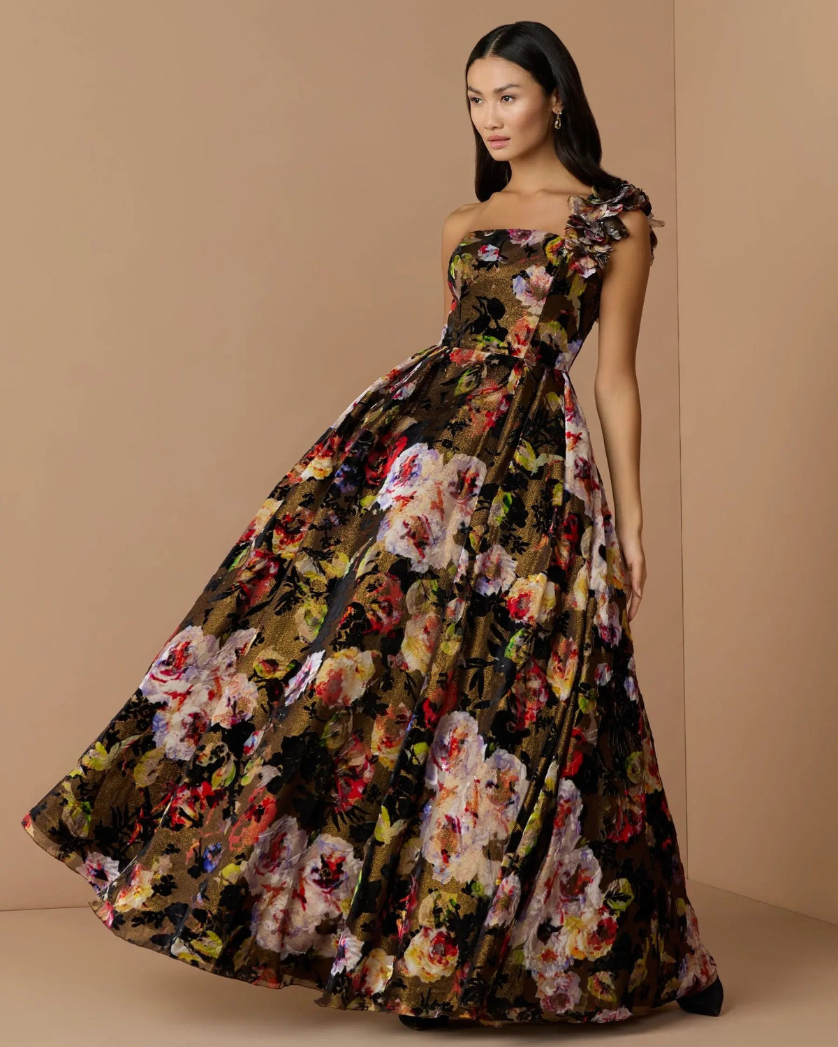 Multicolor One Shoulder Floral Velvet Ball Gown - Designer Collection