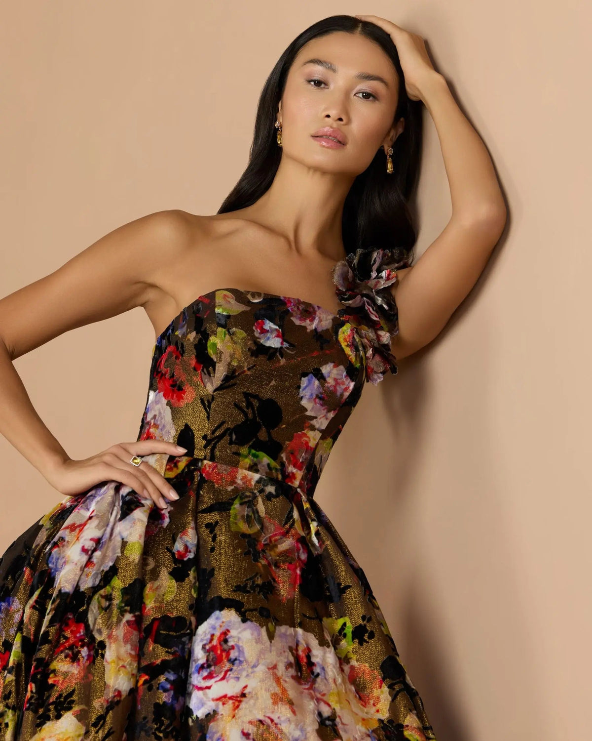 Multicolor One Shoulder Floral Velvet Ball Gown - Designer Collection