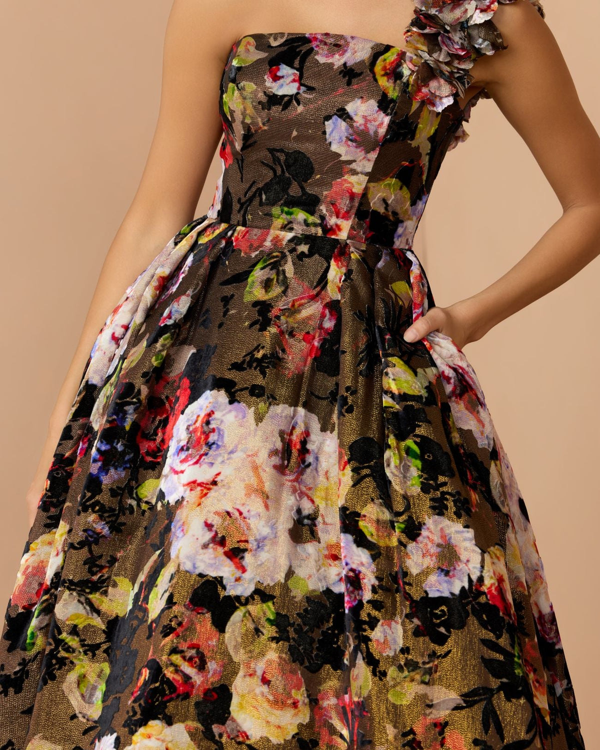 Multicolor One Shoulder Floral Velvet Ball Gown - Designer Collection