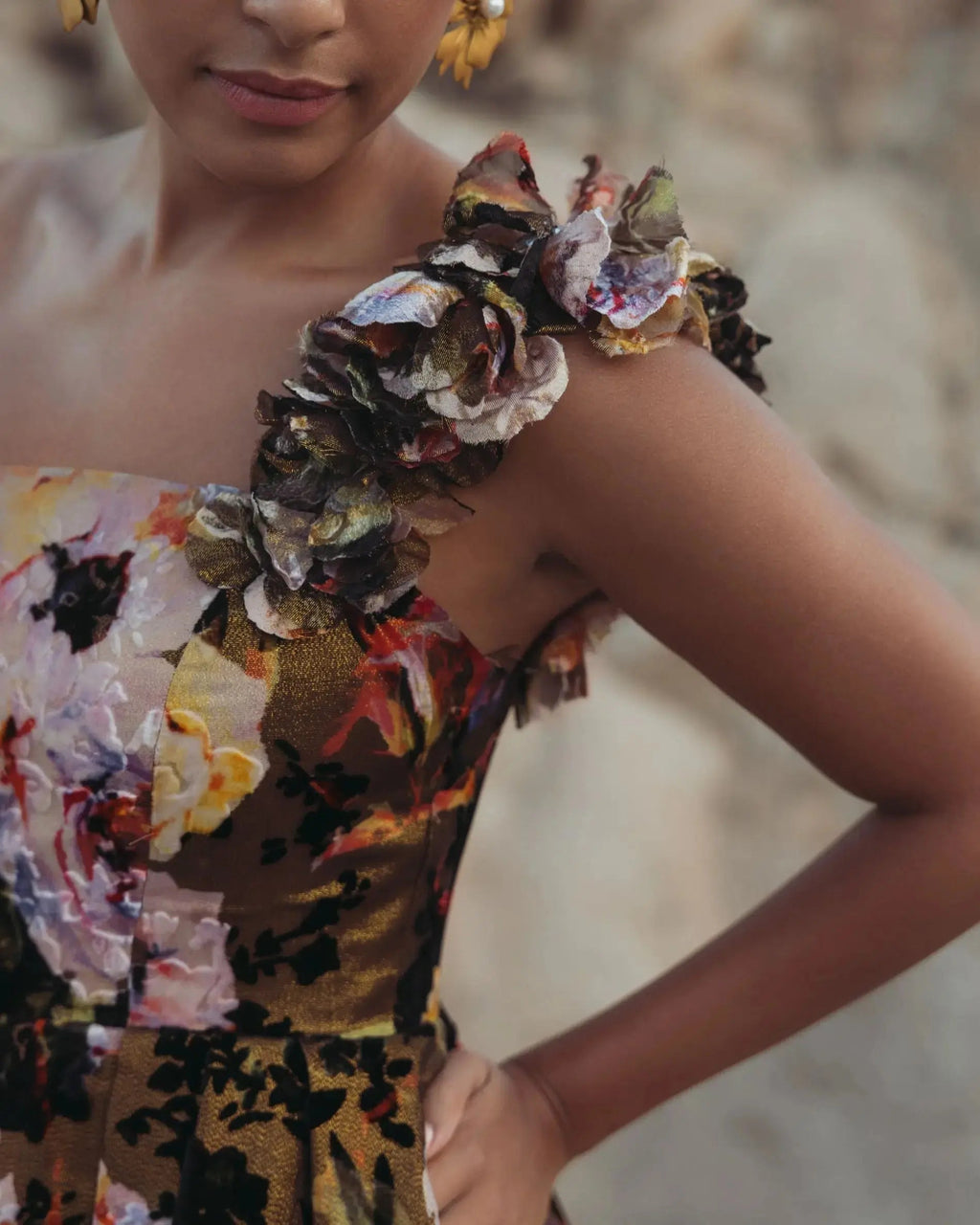 Multicolor One Shoulder Floral Velvet Ball Gown - Designer Collection