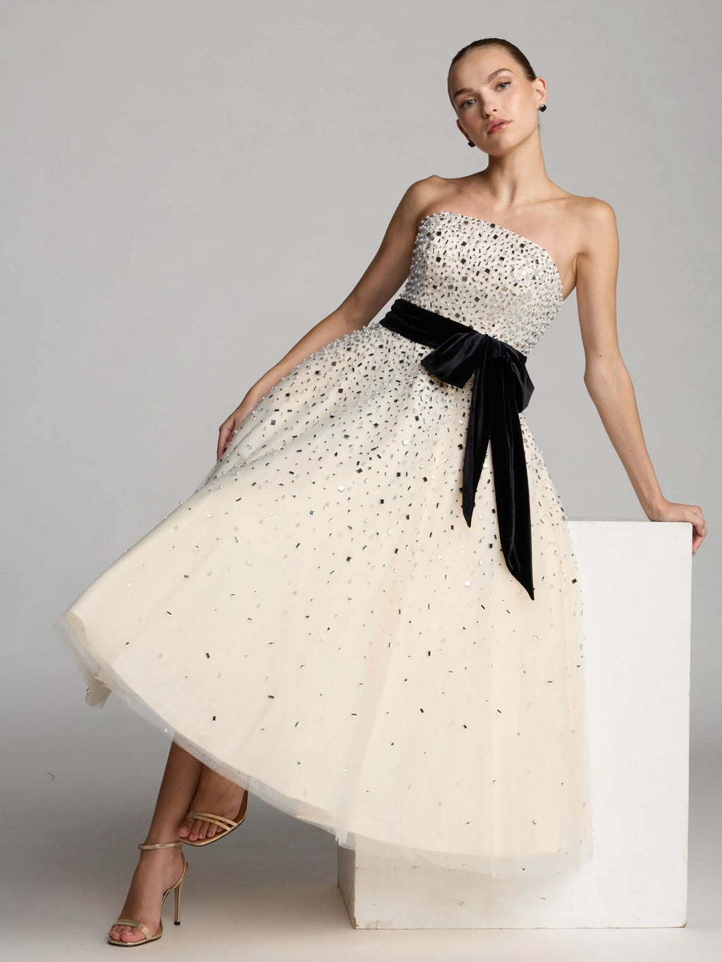 White Strapless Beaded Tulle A Line Midi Dress With Bow - Designer Collection