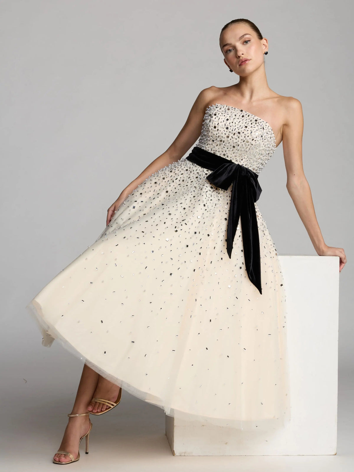 White Strapless Beaded Tulle A Line Midi Dress With Bow - Designer Collection