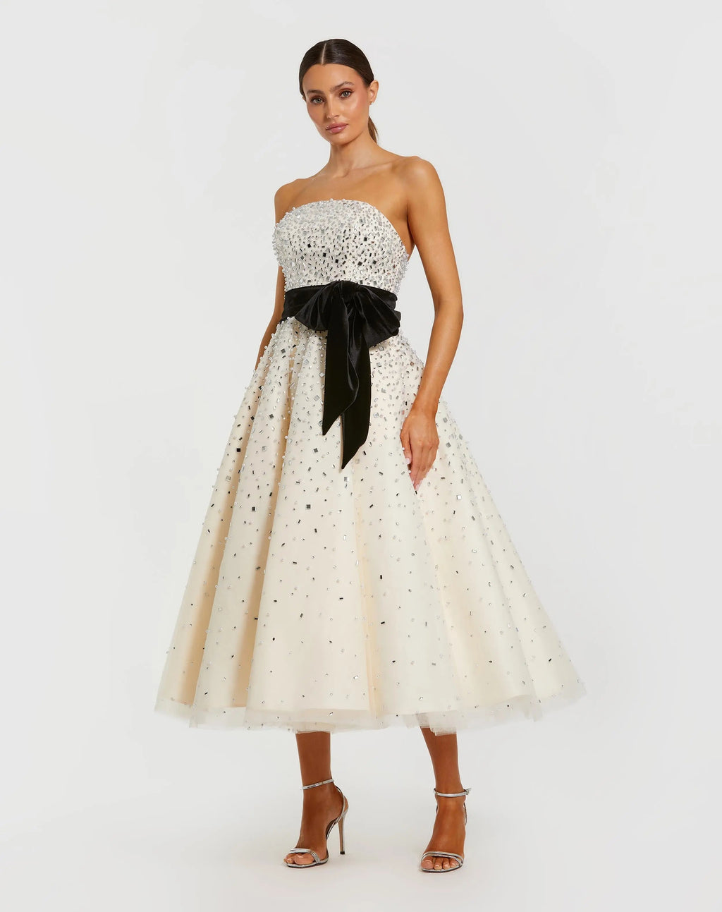 White Strapless Beaded Tulle A Line Midi Dress With Bow - Designer Collection