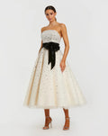 White Strapless Beaded Tulle A Line Midi Dress With Bow - Designer Collection