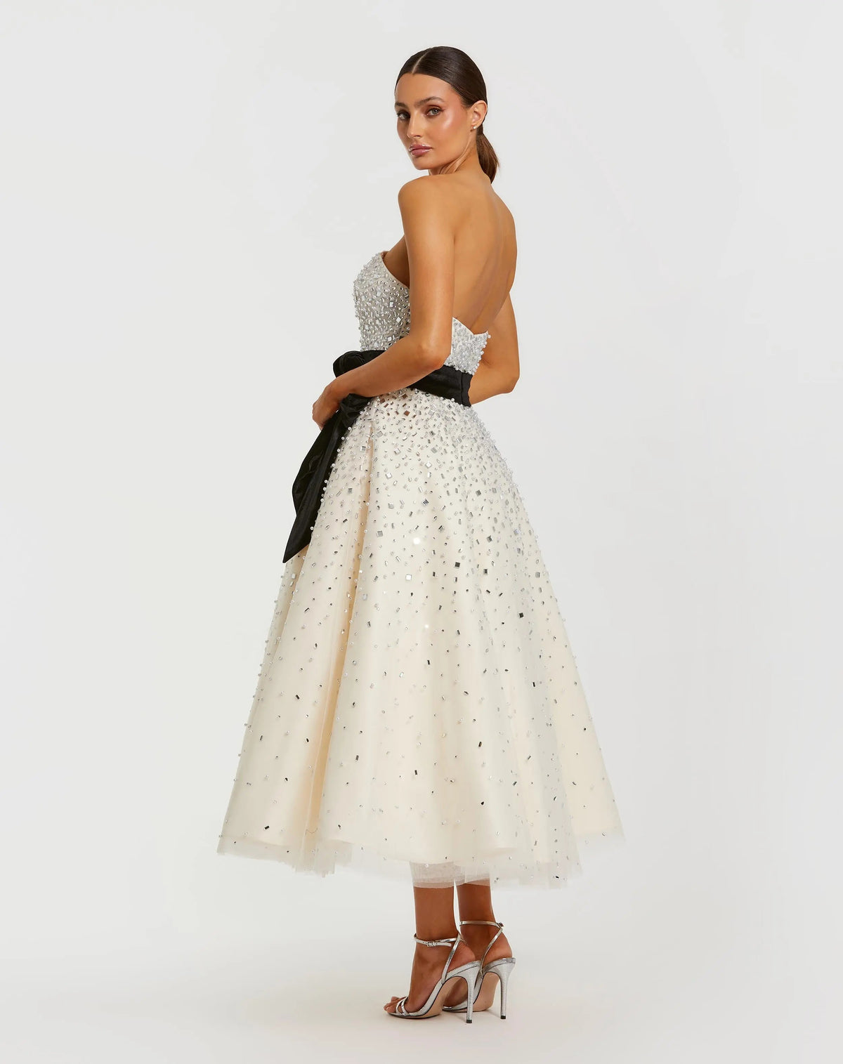 White Strapless Beaded Tulle A Line Midi Dress With Bow - Designer Collection
