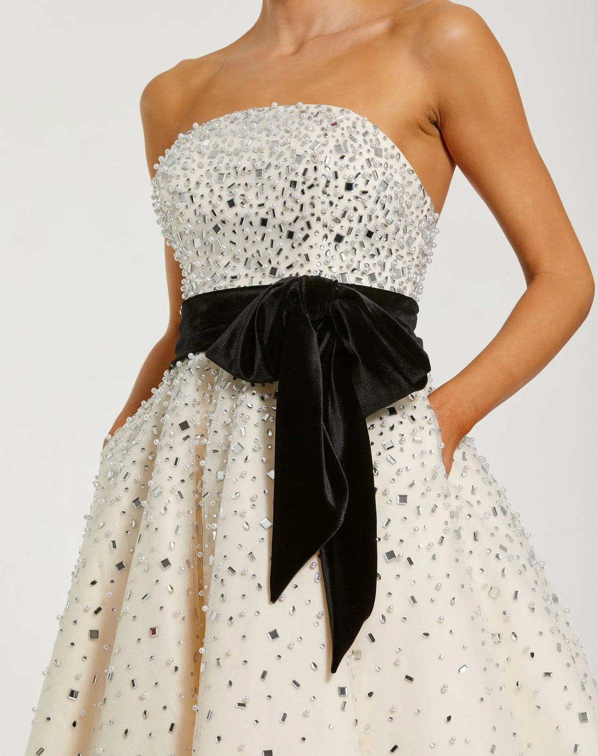White Strapless Embellished Tulle A Line Midi Dress With Bow Designer Collection