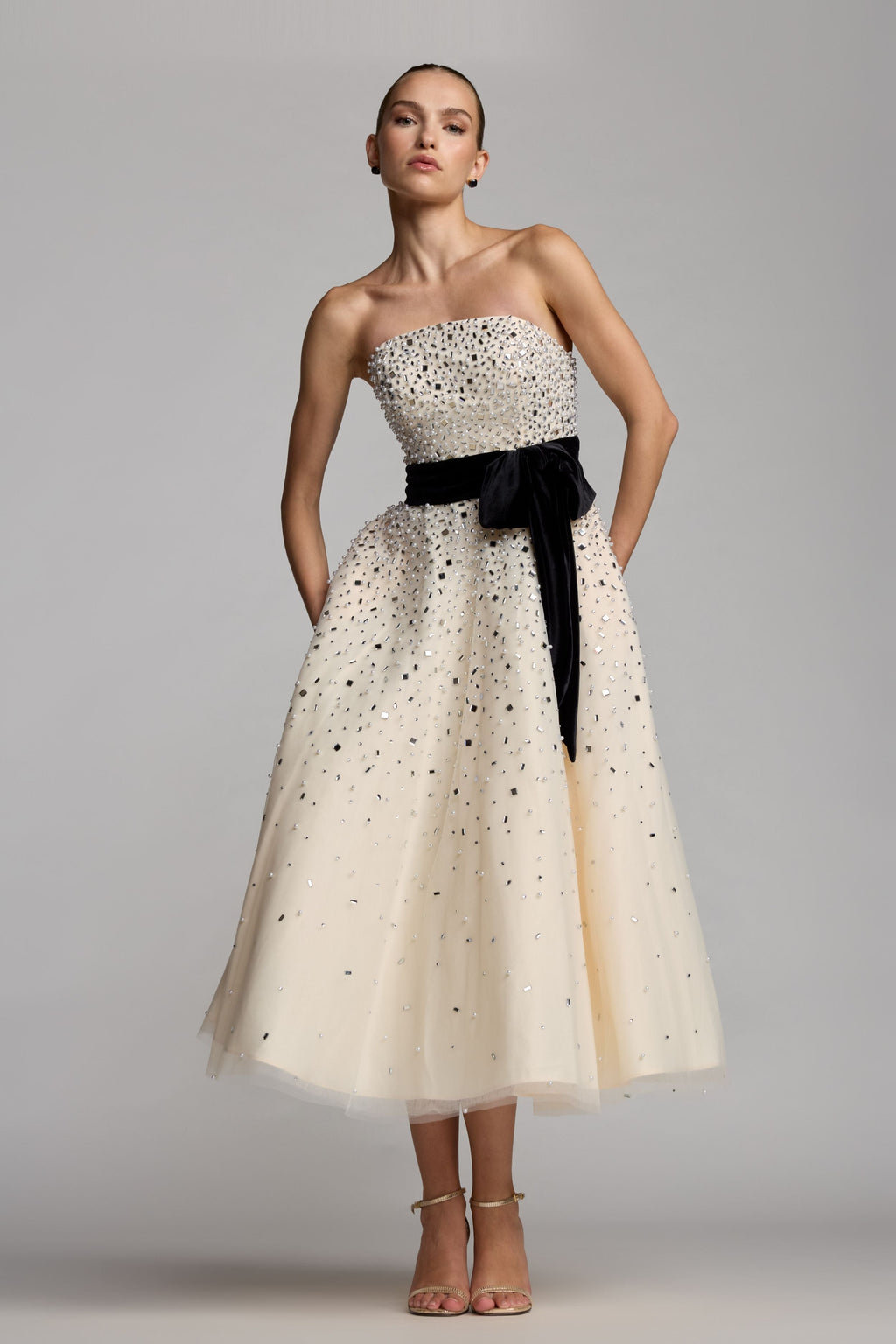 White Strapless Beaded Tulle A Line Midi Dress With Bow - Designer Collection