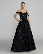 Black Pearl Embellished Off The Shoulder Ball Gown - Designer Collection
