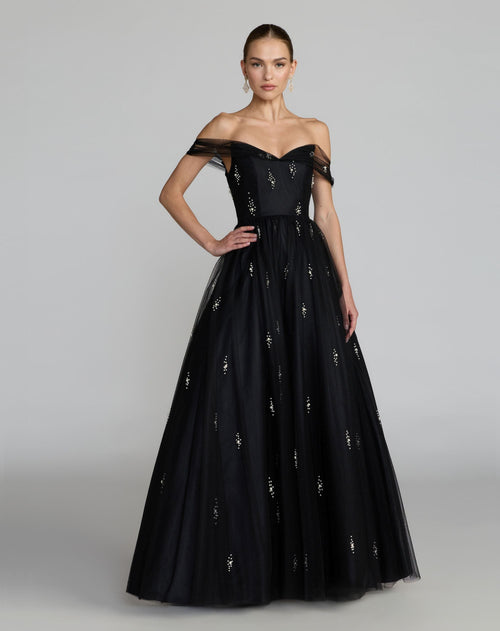 Black Pearl Embellished Off The Shoulder Ball Gown - Designer Collection