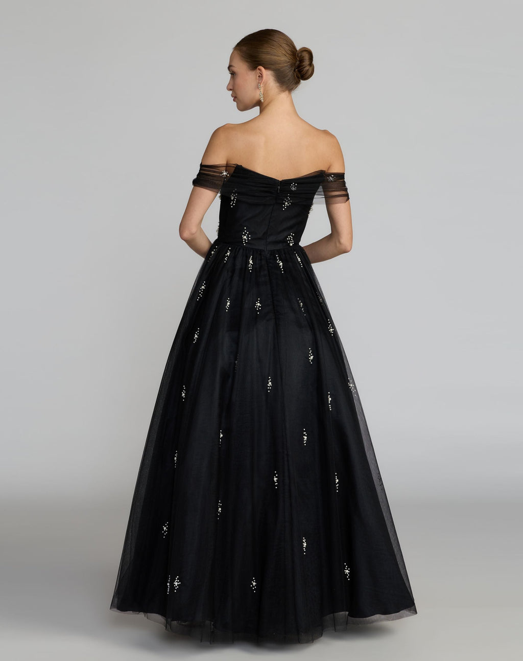 Black Pearl Embellished Off The Shoulder Ball Gown - Designer Collection