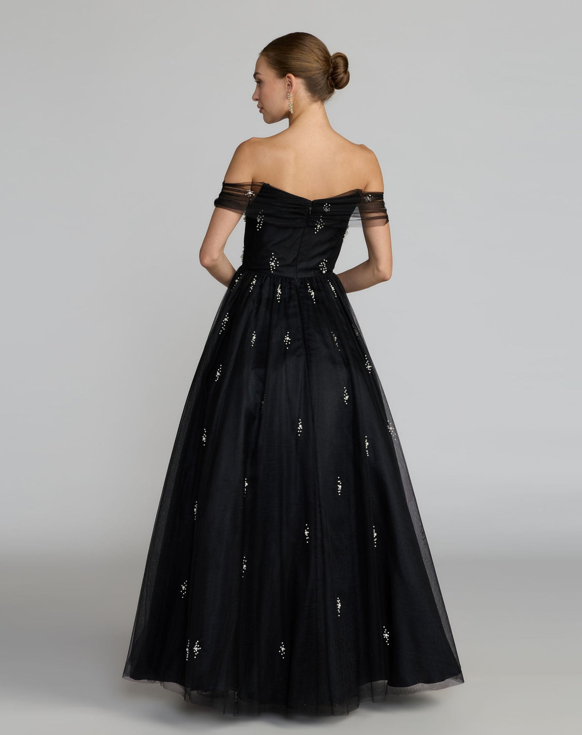 Black Pearl Embellished Off The Shoulder Ball Gown - Designer Collection