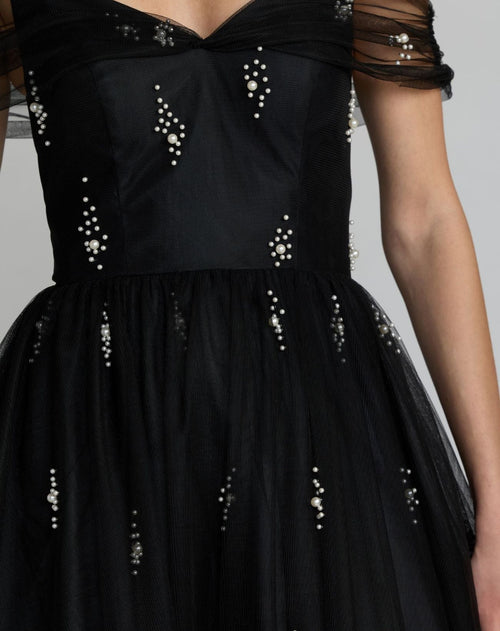 Black Pearl Embellished Off The Shoulder Ball Gown - Designer Collection