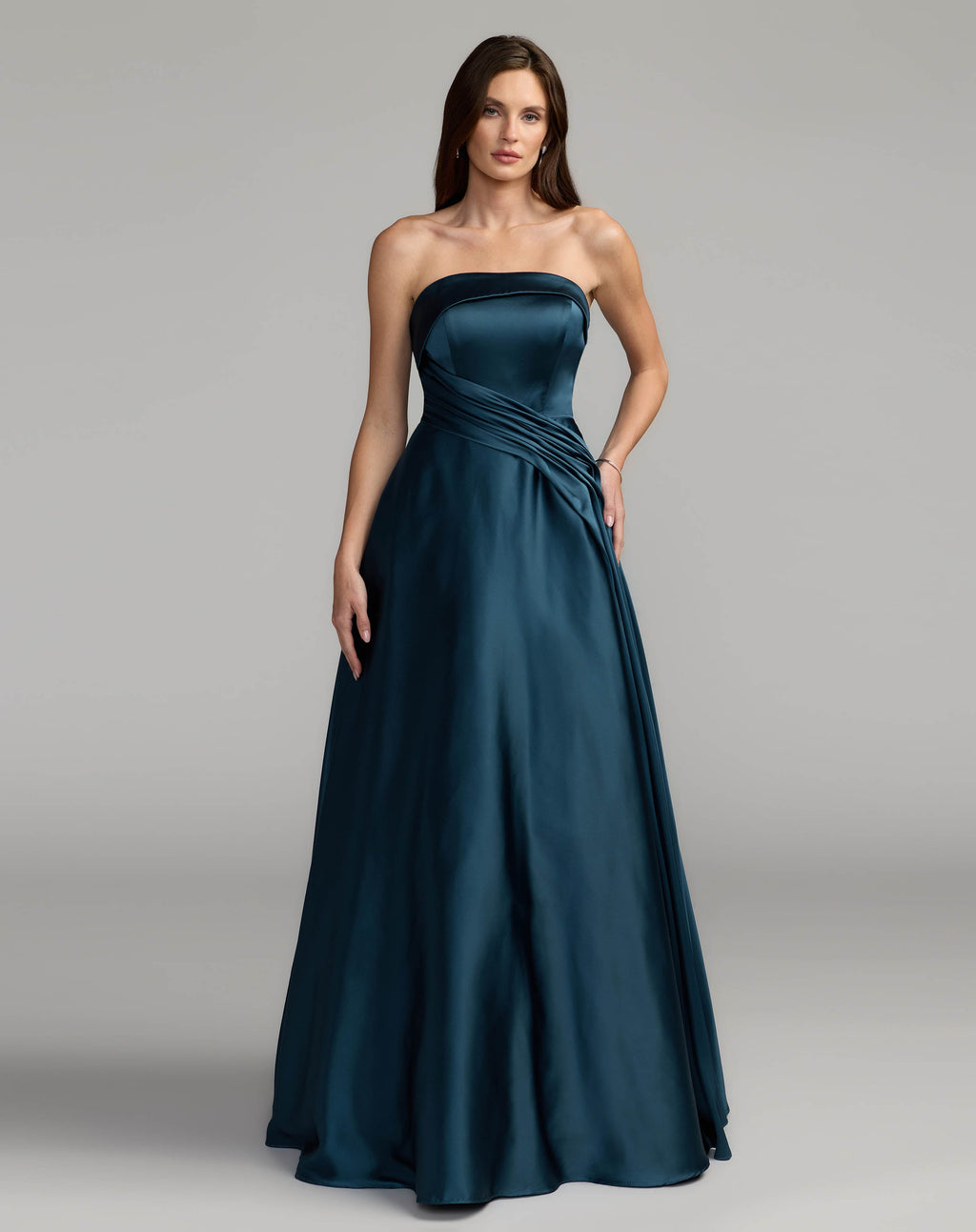 Navy Strapless Draped Satin Ball Gown Designer Collection