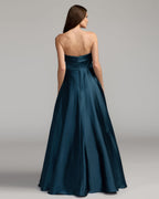 Navy Strapless Draped Satin Ball Gown Designer Collection