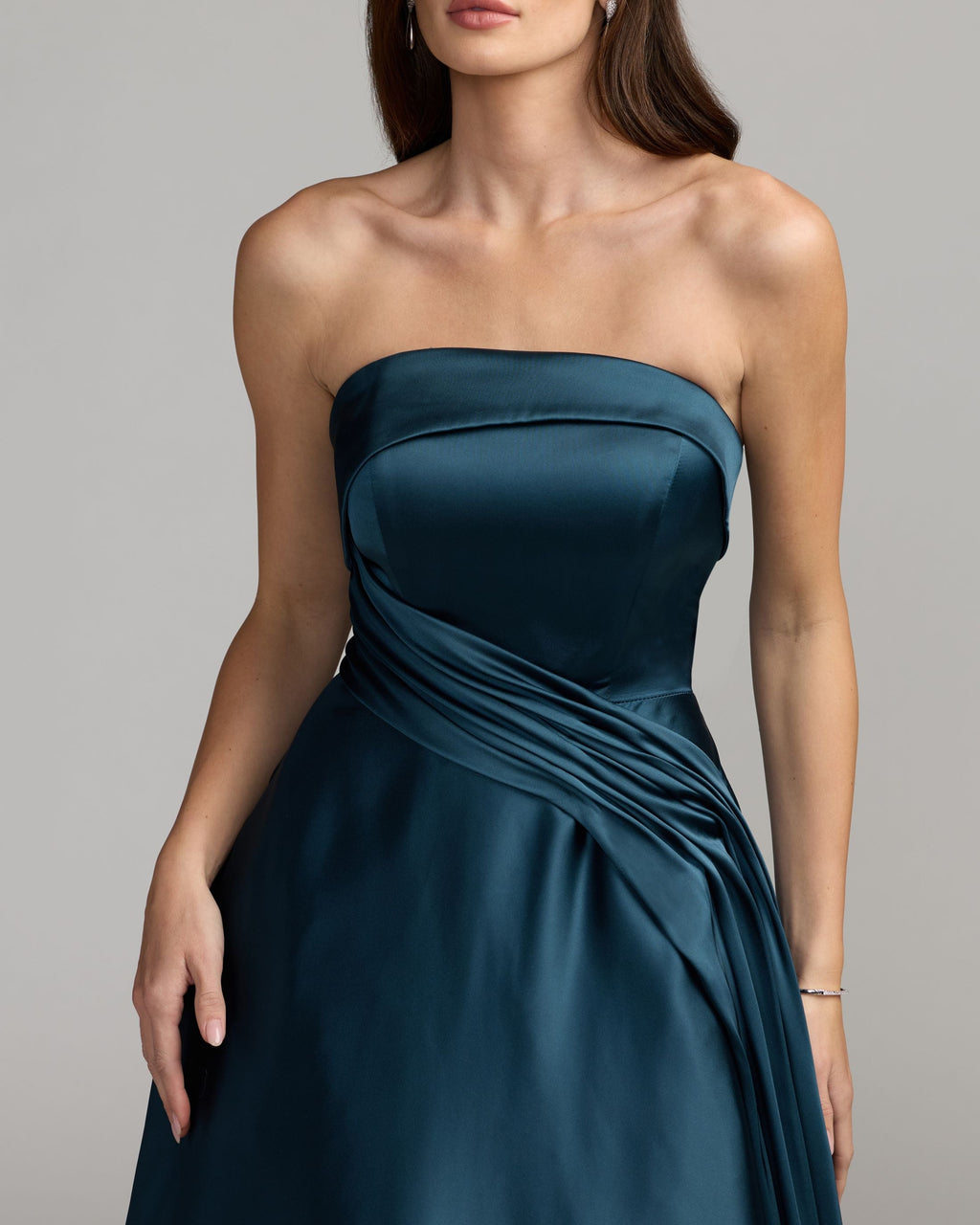 Navy Strapless Draped Satin Ball Gown Designer Collection