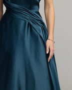 Navy Strapless Draped Satin Ball Gown Designer Collection
