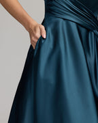 Navy Strapless Draped Satin Ball Gown Designer Collection