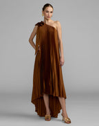 Brown Pleated One Shoulder High Low Trapeze Gown - Contemporary Collection