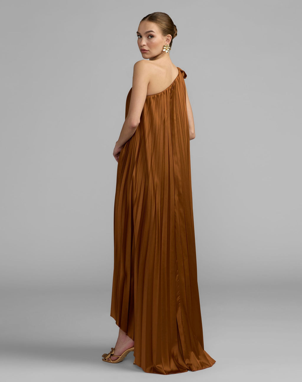 Brown Pleated One Shoulder High Low Trapeze Gown - Contemporary Collection