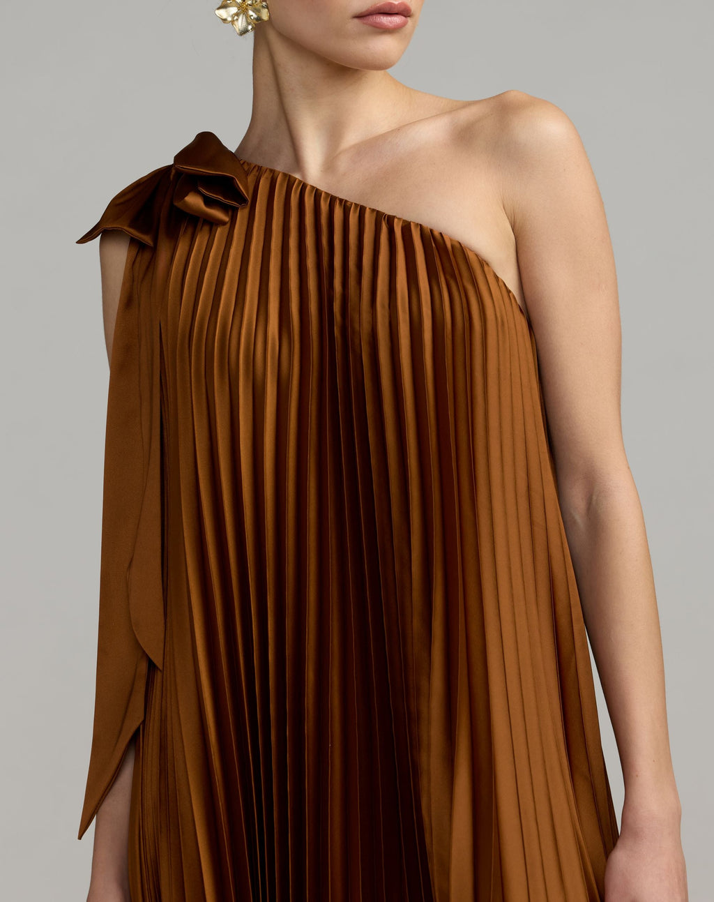 Brown Pleated One Shoulder High Low Trapeze Gown - Contemporary Collection