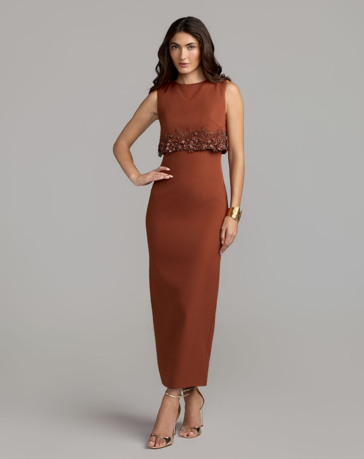 Orange Embroidered High Neck Sleeveless Ankle Dress - Designer Collection