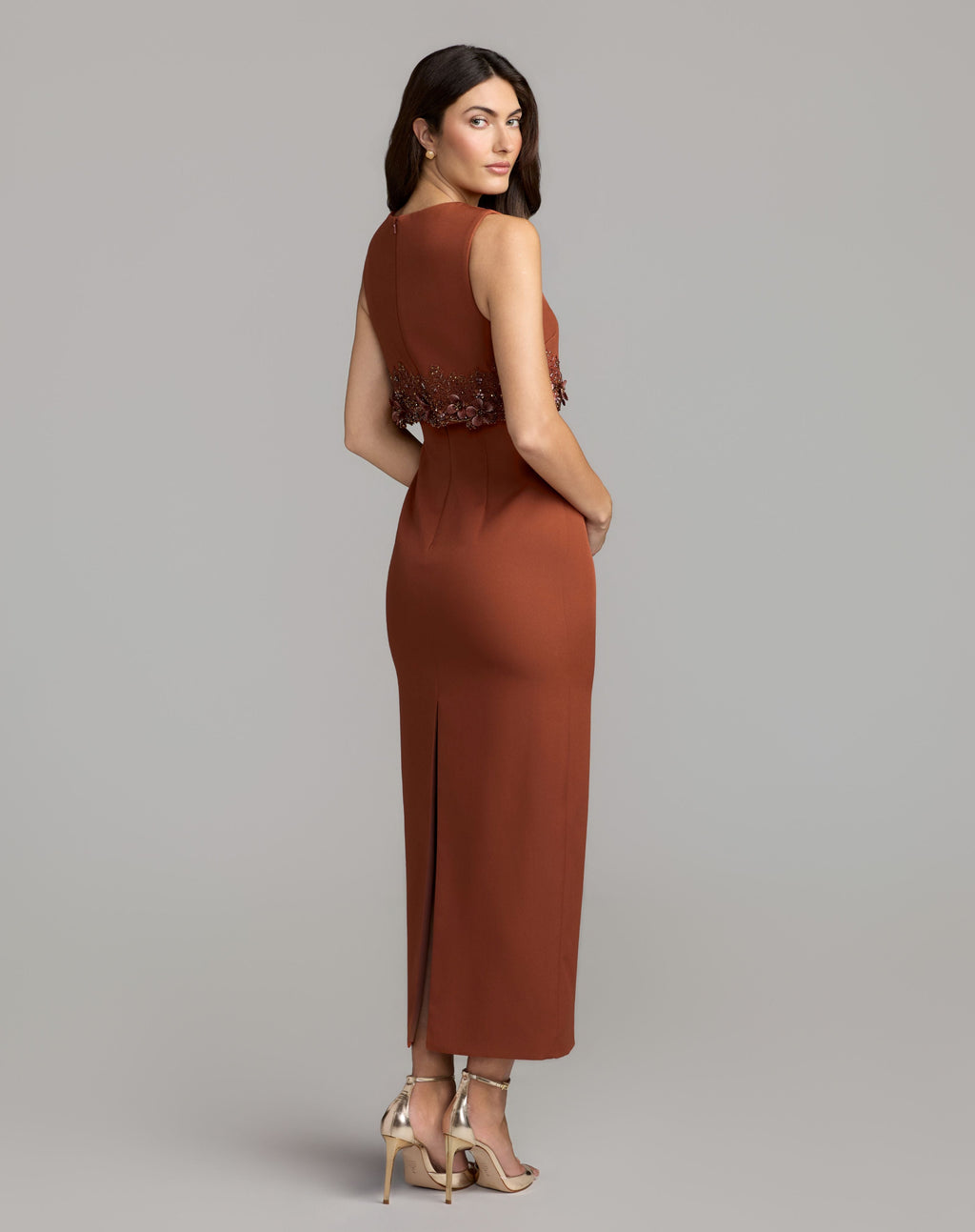 Orange Embroidered High Neck Sleeveless Ankle Dress - Designer Collection