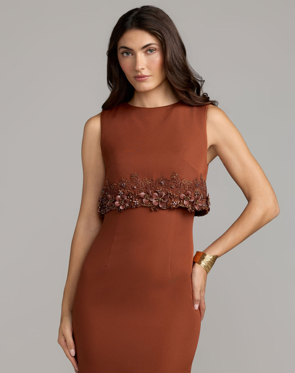 Orange Embroidered High Neck Sleeveless Ankle Dress - Designer Collection