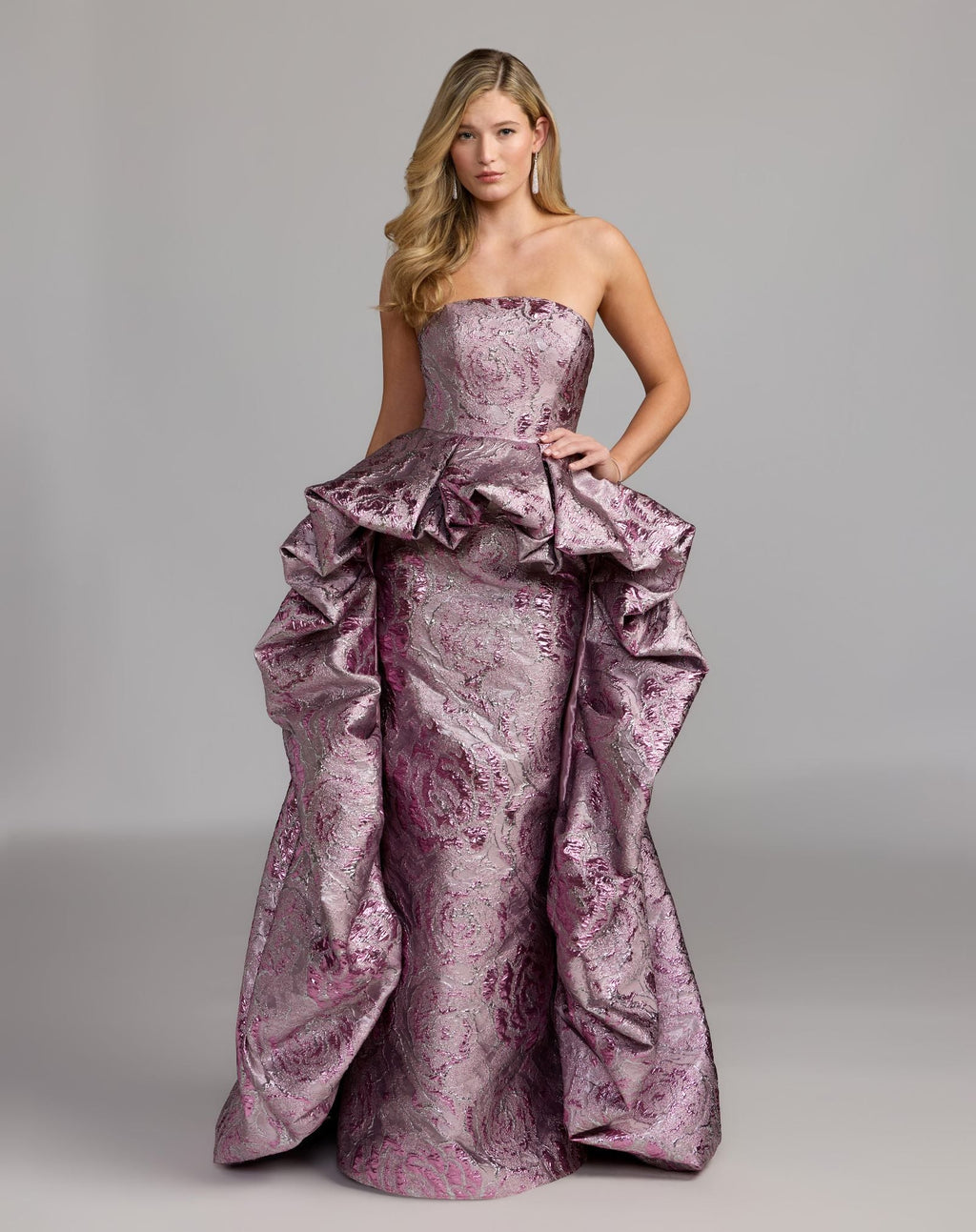 Pink Metallic Strapless Gown With Bubble Overskirt - Designer Collection