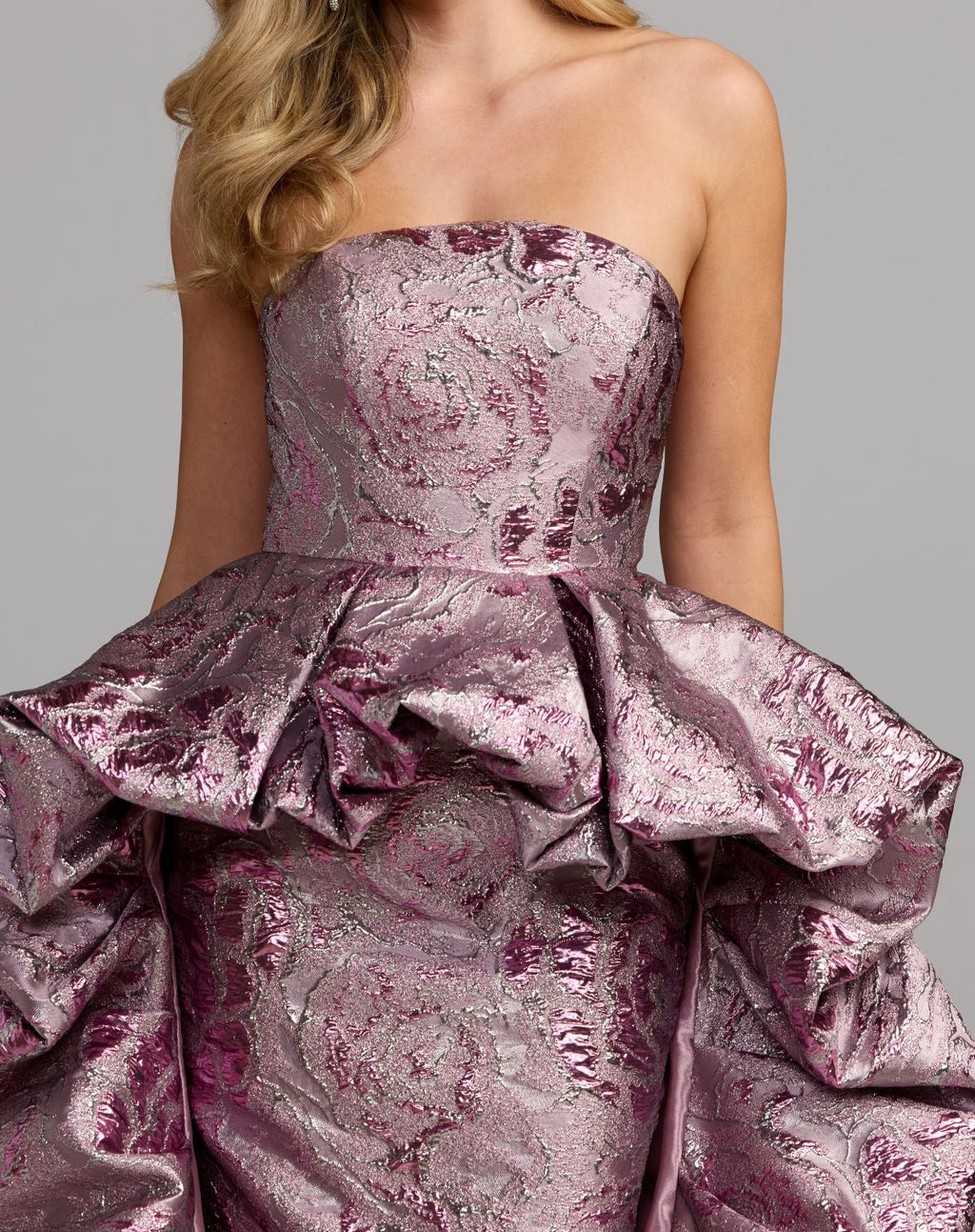 Pink Metallic Strapless Gown With Bubble Overskirt - Designer Collection