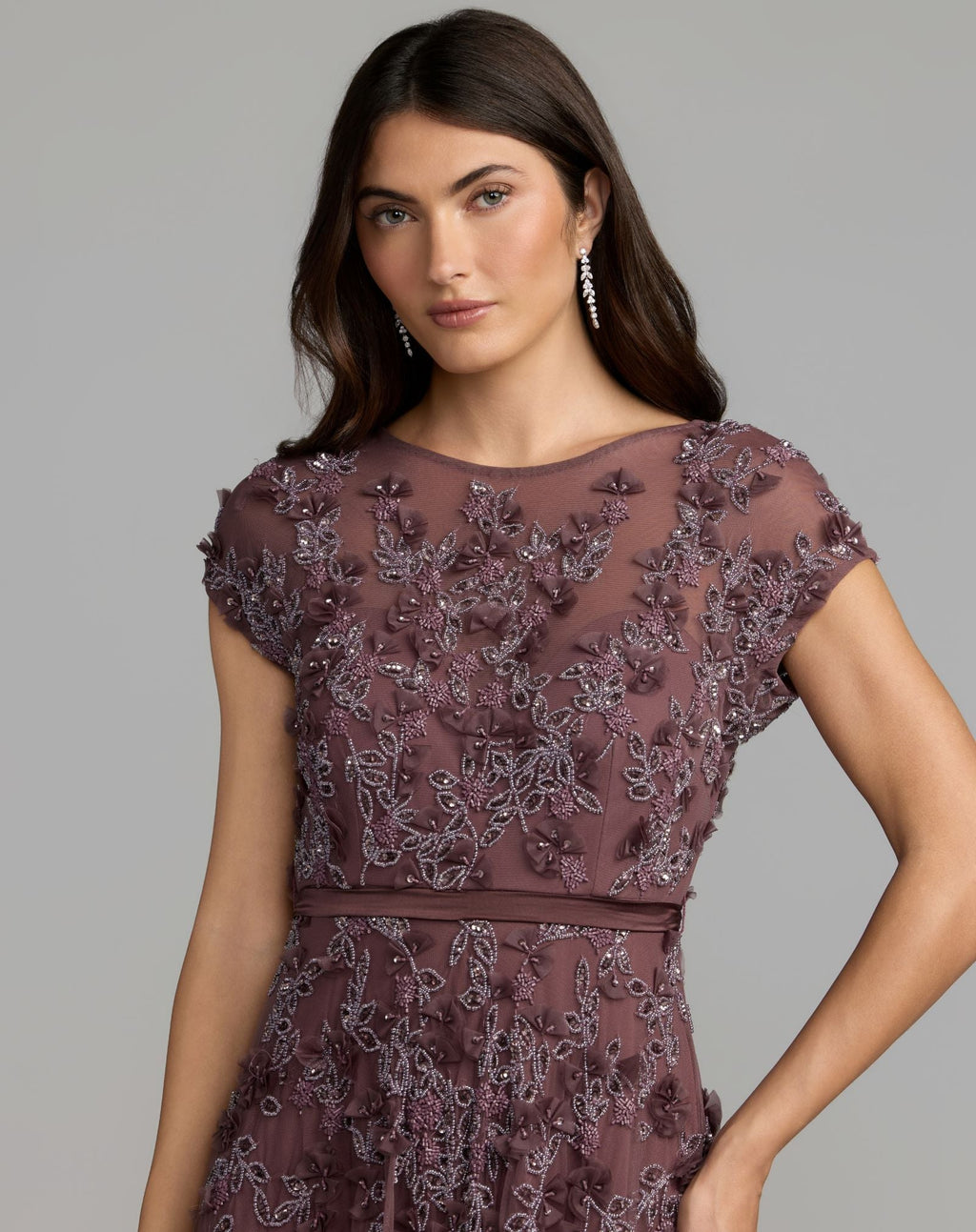 Purple Floral Embellished Cap Sleeve Gown - Designer Collection