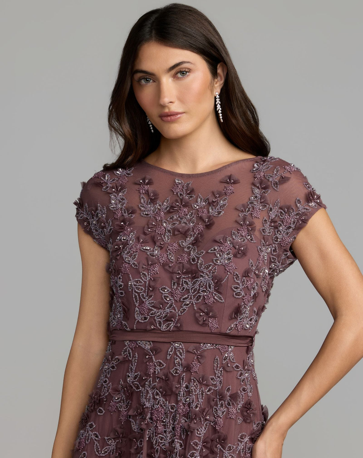 Purple Floral Embellished Cap Sleeve Gown - Designer Collection