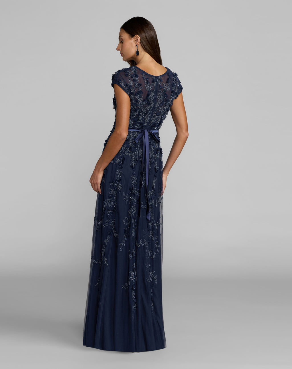 Navy Floral Hand Embellished Cap Sleeve Gown - Designer Collection
